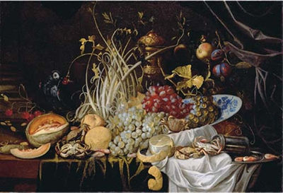 A Dutch Delft blue and white bowl with grapes, prawns on a pewter plate, crabs, a partly-peeled lemon and a melon