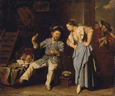 A man spinning yarn with a peasant woman and a baby in a wicker cot