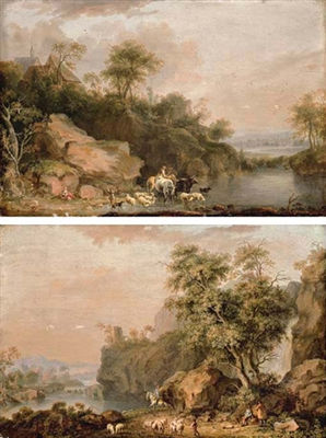 A rocky river landscape with herdsmen (+ A rocky river landscape with travellers; pair) by Balthasar Paul Ommeganck - Auction record, sale price, and art valuation. Compare with similar artists and explore comparable artworks.