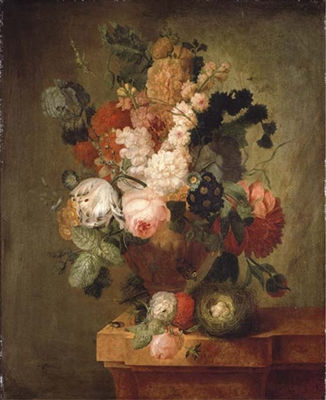 Roses, carnations, a tulip, and other flowers in a sculpted urn with a bird's nest on a marble ledge