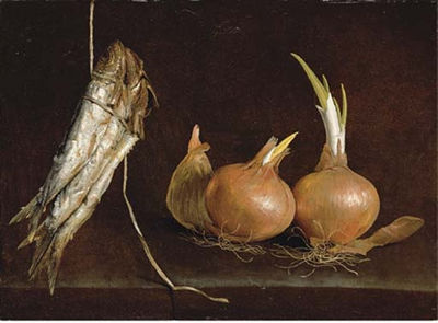Sardines suspended from twine and onions on a stone ledge by Giovan Battista Recco - Auction record, sale price, and art valuation. Compare with similar artists and explore comparable artworks.