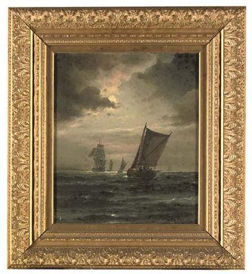 A sailing boat in a gathering storm, a frigate and other boats beyond
