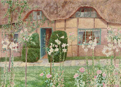 A Thatched Cottage with Arum Lillies and Roses by John George Sowerby - Auction record, sale price, and art valuation. Compare with similar artists and explore comparable artworks.