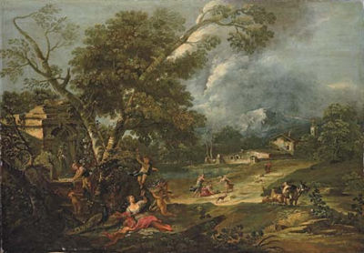 An Italianate river landscape with Juno resting under a tree with putti, a fountain nearby