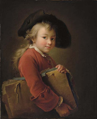 A young boy in a red jacket and black hat, holding a portfolio