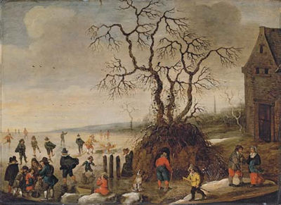 A frozen winter landscape with skaters