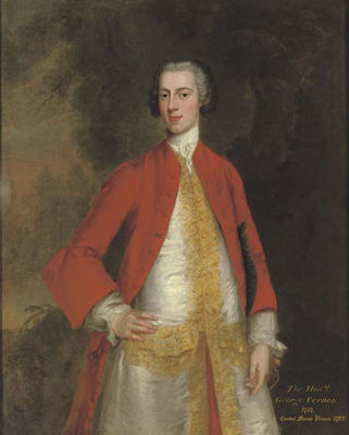 Portrait of George, 1st Baron Vernon of Sudbury, Derbyshire (b. 1707-8), three-quarter-length, in a red coat and white waistcoat with gold trim, in a landscape by Charles Philips - Auction record, sale price, and art valuation. Compare with similar artists and explore comparable artworks.