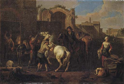 A blacksmith's forge with a blacksmith branding a horse