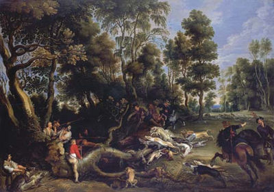 A boar hunt in a wooded landscape