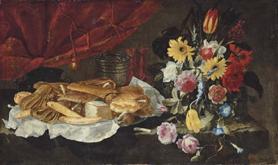 Roses, carnations, tulips and other flowers in a glass vase, with pastries and sweetmeats on a pewter platter, on a stone ledge in front of a red curtain