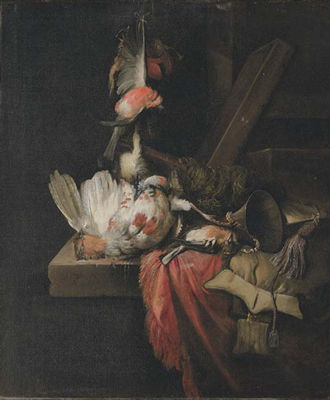 Still life of a dead partridge and other birds, and implements of the chase on a draped stone ledge