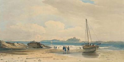 Figures on the shore with Bamburgh Castle beyond, Northumberland