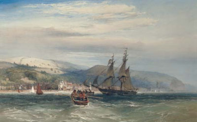 A ship in a harbour with rowing boats and yachts, a coastal town and fortress beyond by John Callow - Auction record, sale price, and art valuation. Compare with similar artists and explore comparable artworks.