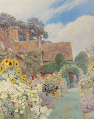 The herbaceous borders and cut yew hedges at Cleeve Priors, near Evesham, Worcestershire by George Samuel Elgood - Auction record, sale price, and art valuation. Compare with similar artists and explore comparable artworks.