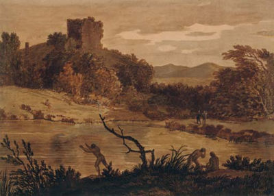 A landscape with men bathing and a ruined tower beyond by Alexander Cozens - Auction record, sale price, and art valuation. Compare with similar artists and explore comparable artworks.