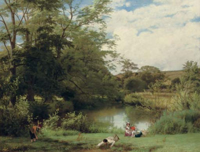 Gathering watercress on the banks of the Mole, Surrey by William Frederick Witherington - Auction record, sale price, and art valuation. Compare with similar artists and explore comparable artworks.