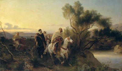 Arab horsemen fording a stream