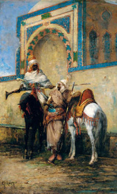 Arab horsemen resting outside a mosque