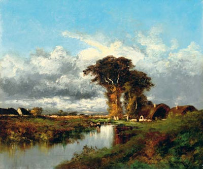 River landscape with cottages by Jules Dupre - Auction record, sale price, and art valuation. Compare with similar artists and explore comparable artworks.
