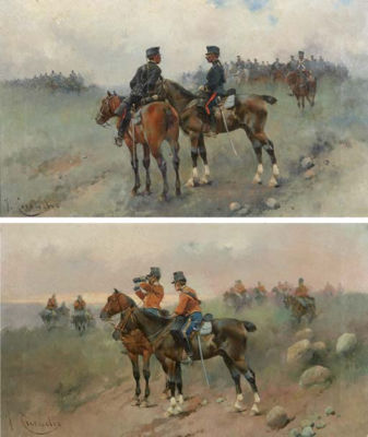 Pareja de cuadros de militares a caballo (Military men on horseback) (2) by Jose Cusachs Y Cusachs - Auction record, sale price, and art valuation. Compare with similar artists and explore comparable artworks.
