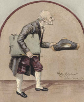 Portrait of Johann Gottfried Schadow: A caricatured self-portrait with portfolio and chalkholder