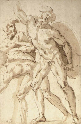 A nude warrior with a shield reaching up to the left, two crouching nudes to the left