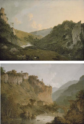View in Dovedale, Derbyshire; and View of the Convent of San Cosimato and part of the Claudian Aquaduct near Vicovaro in the Roman Campagna