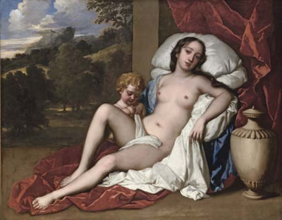 Portrait of a young woman and child, as Venus and Cupid, the young woman almost certainly either Barbara Villiers, Countess of Castlemaine, and Duchess of Cleveland (1640-1709), or Nell Gwyn (1650-1687), full-length, naked, beside an urn, a landscape beyo