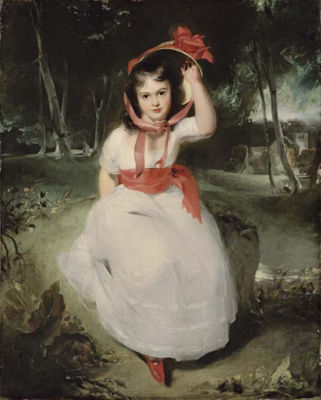 'The Woodland Maid': Portrait of Miss Emily de Visme (1787-1873), full-length, seated in a wooded landscape, in a white dress with a pink sash and a straw bonnet with red ribbons