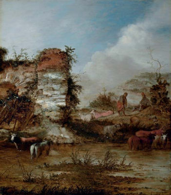 A river landscape with cattle watering by a ruin and herdsmen resting on the bank