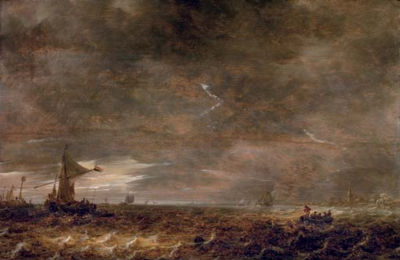 A stormy landscape with a lightning bolt over the Haarlemer Meer