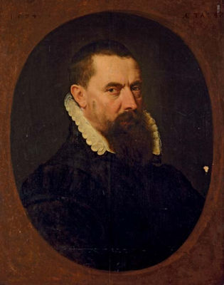 Portrait of a bearded gentleman, bust-length, in a black doublet with a white lace ruff, painted oval
