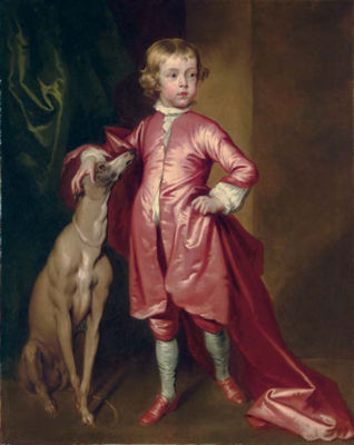 Portrait of a boy, full-length, in pink, with a greyhound, in an interior