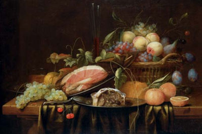 Ham and a sweetmeat pie on pewter plates, peaches, grapes, figs and plums in a basket, a bread roll, oranges, a sprig of cherries, a bunch of grapes, a façon-de-Venise glass and a spoon on a partly-draped table