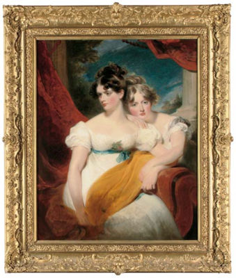 Double portrait of Marianne Anna Maria Gooch (d. 1855) and Charlotte Matilda Gooch (d. 1852), three-quarter-length, one seated in a white dress with a blue sash and a yellow shawl across her lap, the other kneeling beside in a white dress, a red curtain a