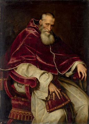 Portrait of Alessandro Farnese (1468-1549), Pope Paul III (1534-1549), seated three-quarter-length, in a papal robes