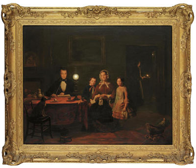 A family in a lamp-lit interior