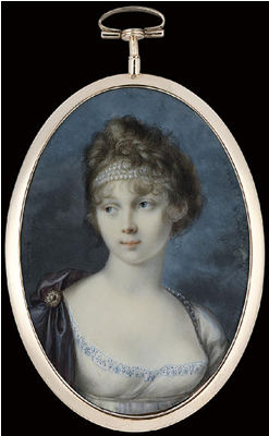 Princess Zinaida Aleksandrovna Belosel'skaia-Belozerskaia (+ 1862), in white dress with blue embroidered border, purple silk cloak with pearl- set clasp, strings of pearls worn as a headband in her fair curling hair
