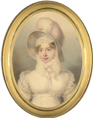 Grand Duchess Maria Pavlovna, Grand Duchess of Saxe-Weimar-Eisenach (1786-1859), in white dress with frilled sleeves, a frill at her waist, large frilled collar and bonnet, a white hat with feathers on her fair hair