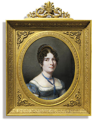 A portrait of the artist's wife in blue plaid dress with white underslip, pearls and blue beaded necklace, wearing a gem-set gold comb in her dark curling hair by Charles Guillaume Alexandre Bourgeois - Auction record, sale price, and art valuation. Compare with similar artists and explore comparable artworks.