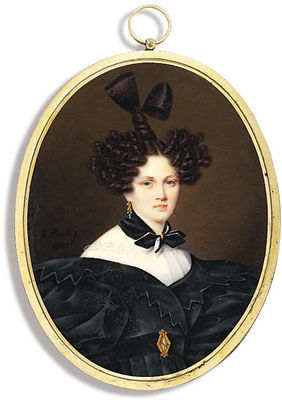 Countess Tolstaia, in black dress with zig-zag border and large puffed sleeves, white underslip, black belt with gold buckle, black scarf around her neck, hair dressed in an Apollo knot