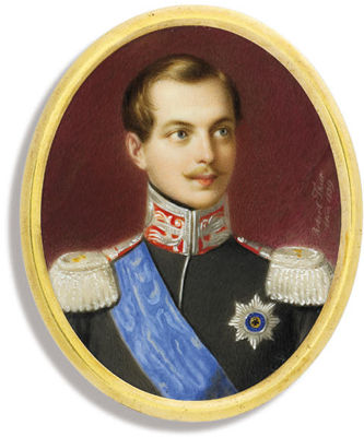 Tsar Alexander II of Russia (1818-1881), in black uniform with silver-embroidered red collar and silver epaulettes, wearing the blue moiré sash and breast-star of the Imperial Russian Order of St. Andrew