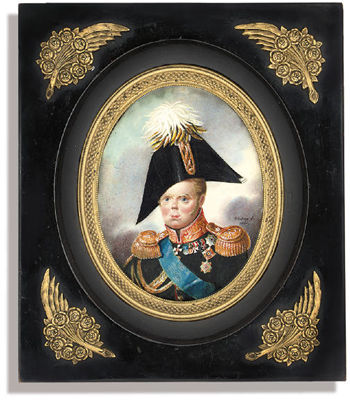 Grand Duke Constantine Pavlovich (1778-1831), in uniform of black coat and gold-embroidered red collar, gold epaulettes, wearing the blue moiré sash and breast-star of the Imperial Russian Order of St. Andrew, the breast-star and cross of St. George, the