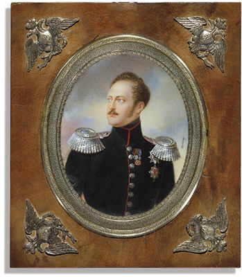 Nicholas I (1796-1855), Tsar of Russia 1825-1855, in red-piped dark green uniform with silver buttons and epaulettes, wearing the breast-stars of the Imperial Russian Orders of St. Andrew and of St. Vladimir combined with the British Order of the Garter,