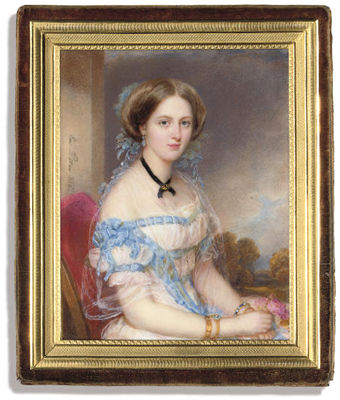 A young lady, in white dress with blue ribbons at corsage, waist and tied in bows on her right sleeve, her shoulders draped with white gauze veil, wearing a black ribbon around her neck tied at centre and set with a gold brooch, sapphire earring, gold gem
