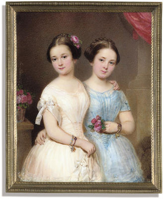 Two sisters: Adele Fellner, in white dress with pleated and ruched bodice and white bow at her shoulder, wearing two bracelets, a pink rose her her plaited and upswept hair, her left hand resting on her sister's shoulder; Anna Gelner, in pleated and ruche by Emanuel Thomas Peter - Auction record, sale price, and art valuation. Compare with similar artists and explore comparable artworks.