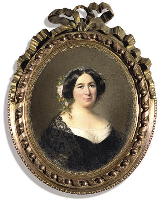 Madame Lejeune de Bellecour, née Desprez, in black dress with pleated white bodice and white underslip, a black lace stole over her shoulders, a lace stole over her shoulders, wearing pink flowers and lace in her dark swept back hair