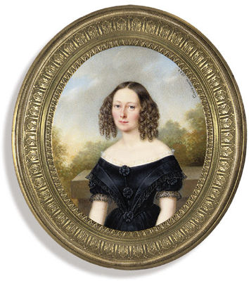 A young lady, in black dress with white lace trim at collar, black lace trim at sleeves, black rosette at corsage, waist and another in between, her fair hair dressed in ringlets; plinth, tree and sky background