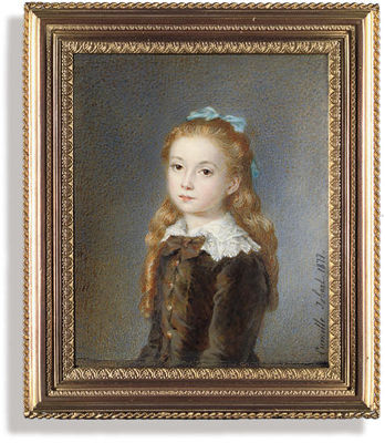 A young girl called Marie Dominique Amélie Madeleine Maza (1868-1949), in brown dress and white lace collar, a blue bow in her long blond hair