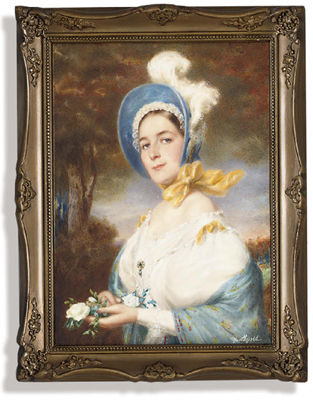 A young lady, in white dress, with yellow ribbons at shoulders, gem-set brooch pinned at corsage, embroidered blue shawl draped across her arms, blue bonnet with white plume, white frill and yellow sash tied under her chin, holding a bouquet of white rose